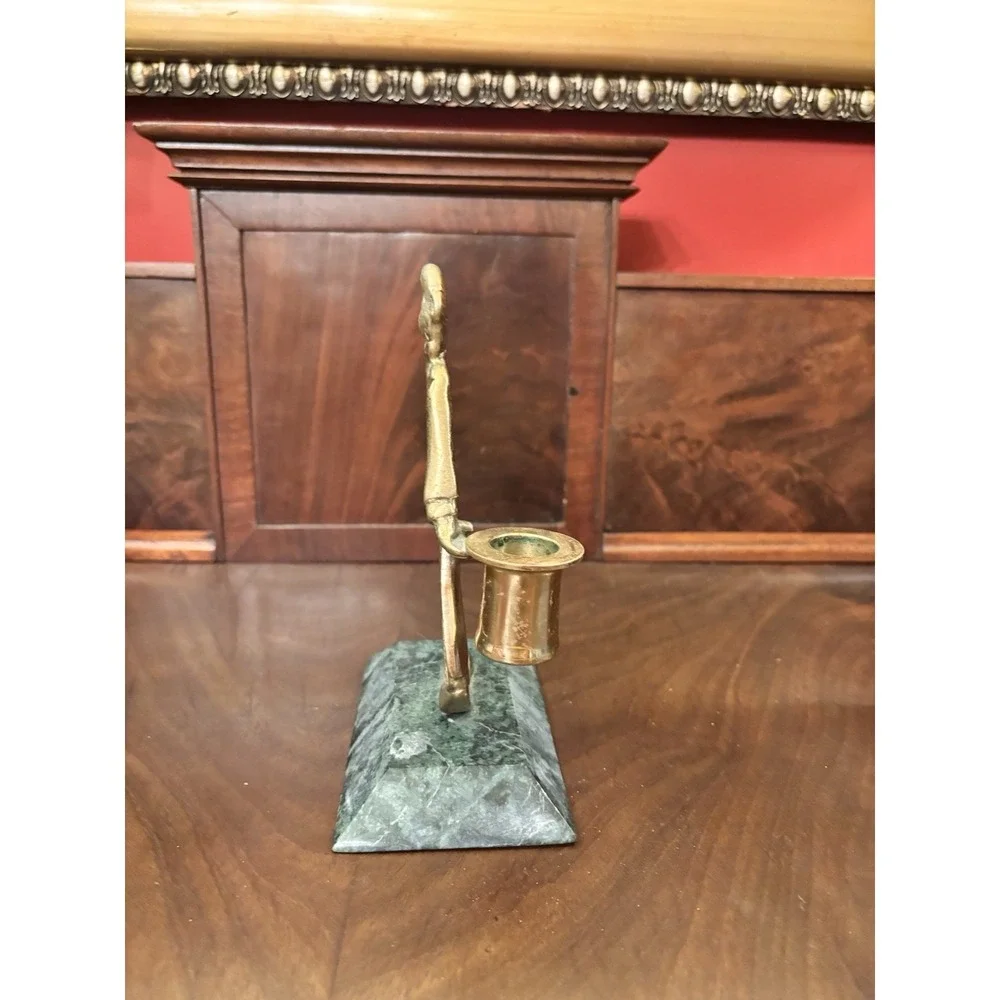 Vintage Brass Monkey Figural Candle‎ Holder Butler w/ Top Hat Marble Base 7